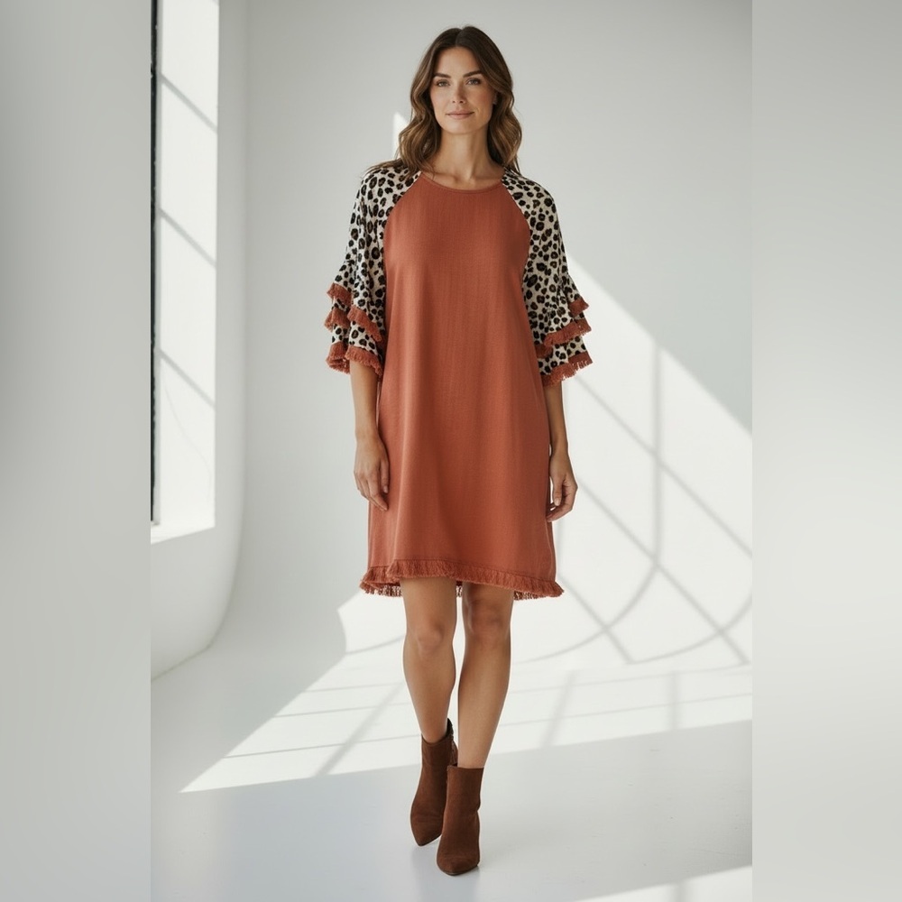 Umgee Elegant Terracotta Ruffle Sleeve Tunic Dress with Animal Print